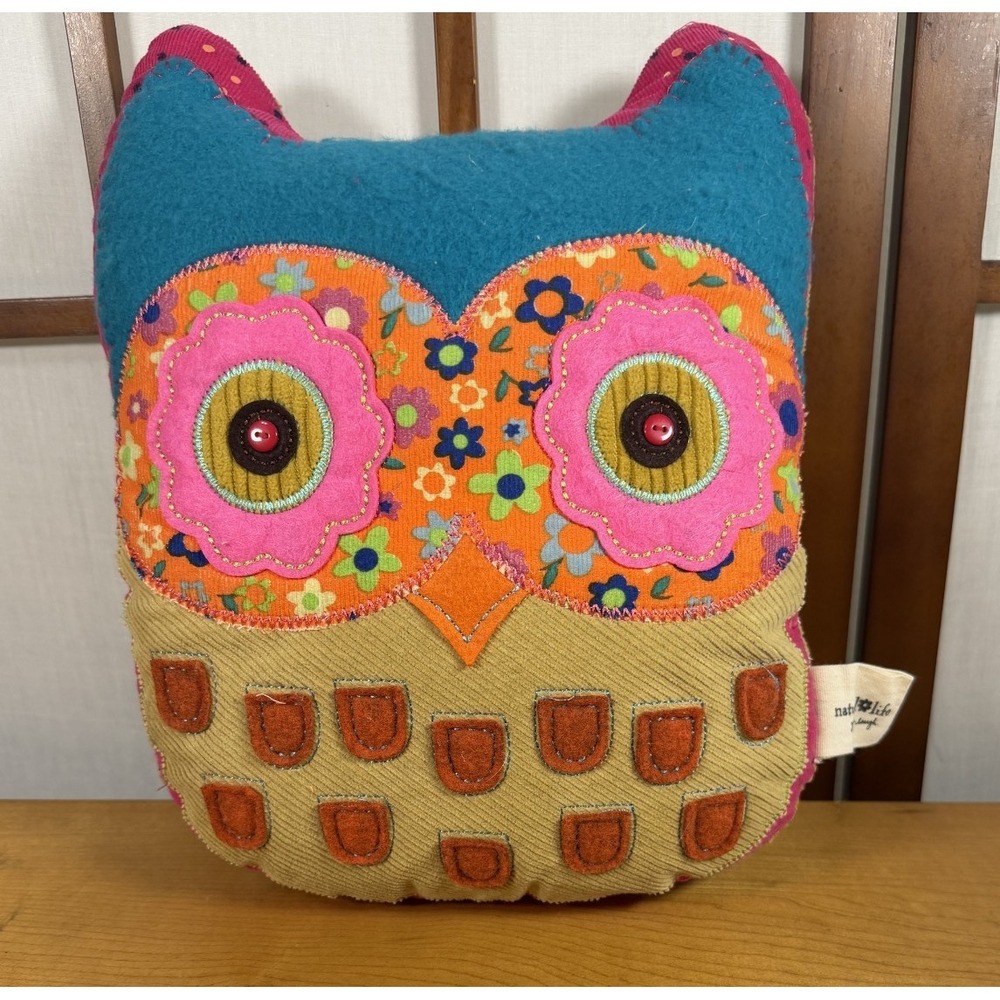 Natural Life "Let It Be" Owl Pillow. Folk Art Style Boho Appliqué Felt Corduroy